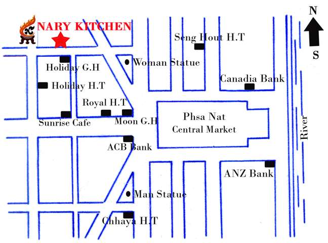 Location of the Restaurant in a simplified Battambang Map